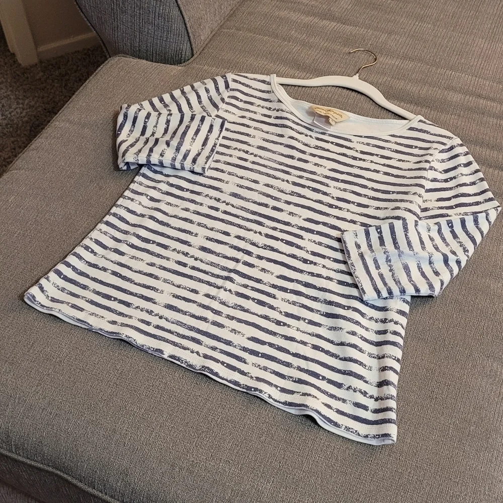Norm Thompson Striped Casual Boho Lightweight Gray White Top Size Small